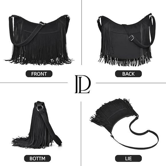 New Black Faux Suede Fringe Hobo Crossbody Hippie Western Cowgirl Handbag Bag - Picture 6 of 6